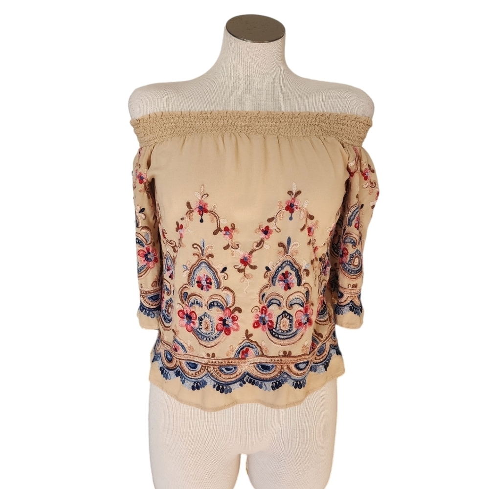 Hummingbird Anthropologie Off The Shoulder Embroidered Tan Women's Top Size M - Picture 5 of 6